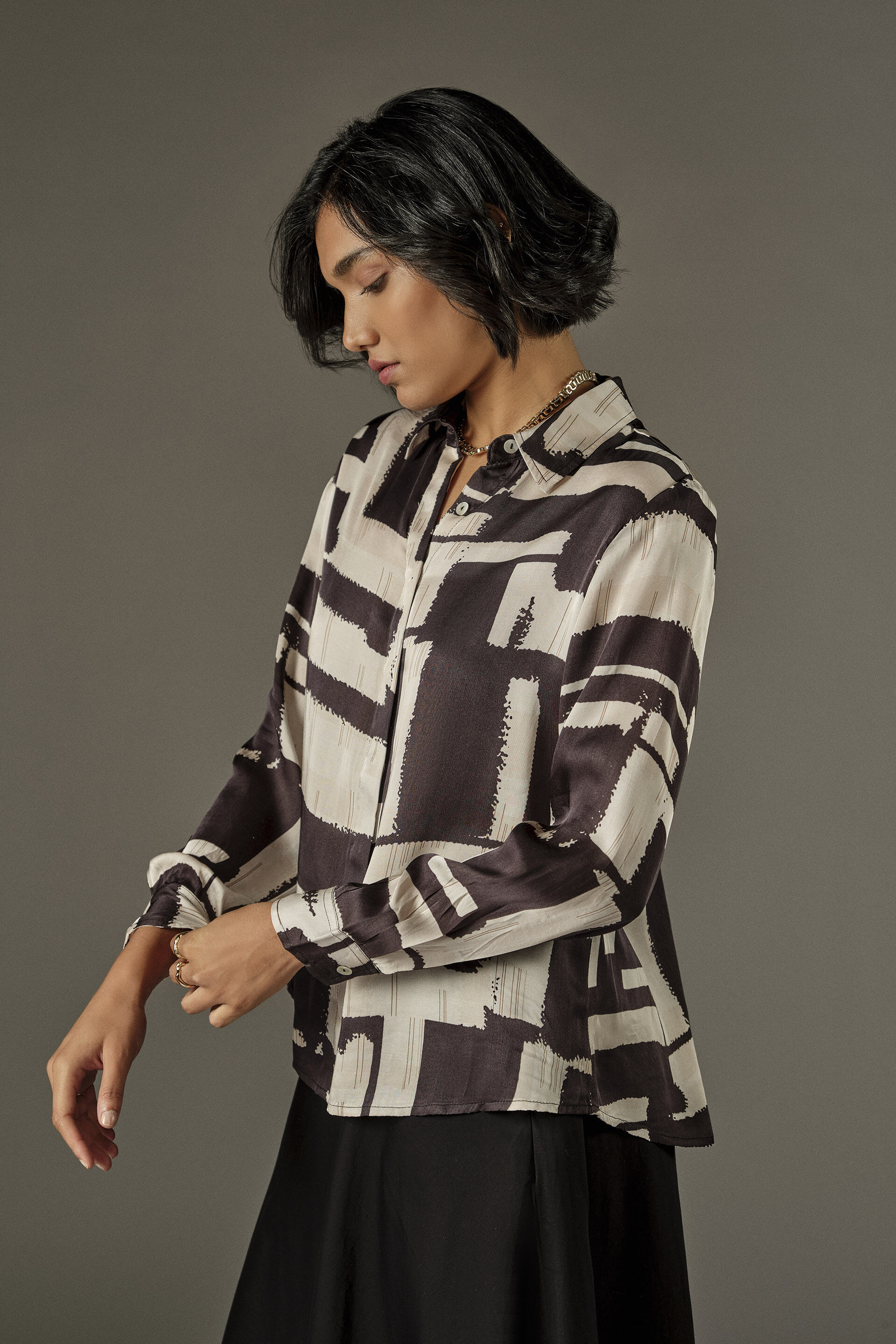 Geometric Print Modal Shirt in Cream, White, image 4